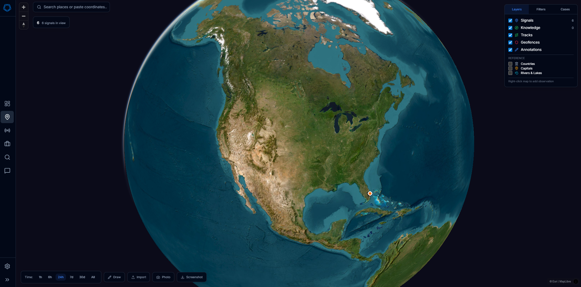Enki 3D globe with signal markers and layer controls